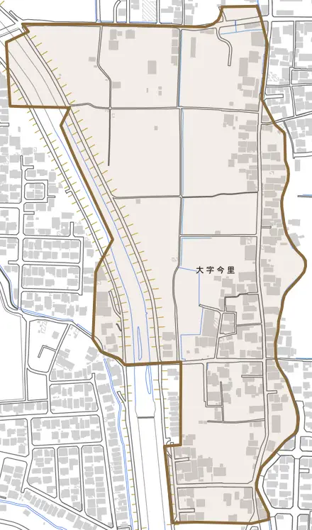 大字今里とその周辺の地図。町の範囲を重ねている