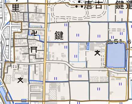 大字鍵とその周辺の地図。町の範囲を重ねている