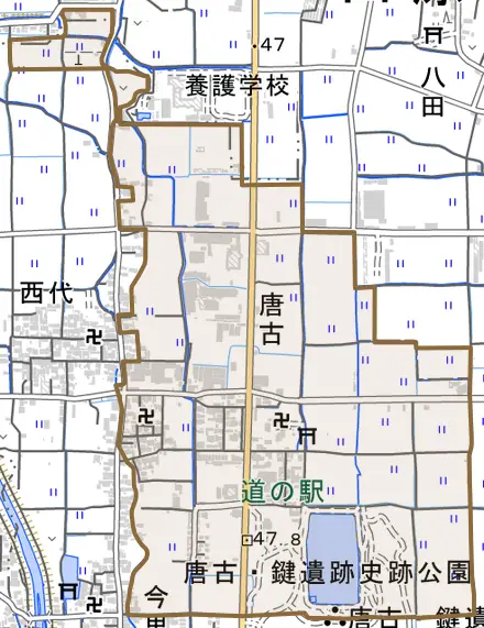 大字唐古とその周辺の地図。町の範囲を重ねている