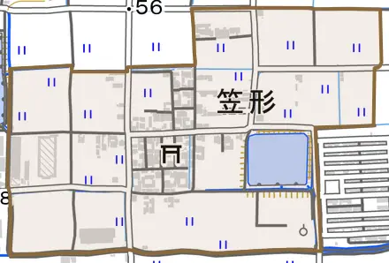大字笠形とその周辺の地図。町の範囲を重ねている