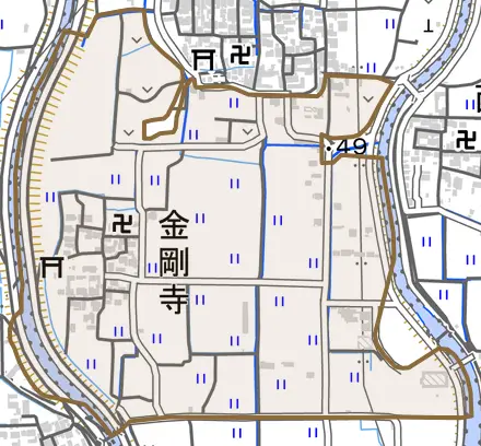 大字金剛寺とその周辺の地図。町の範囲を重ねている