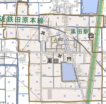 大字黒田とその周辺の地図。町の範囲を重ねている