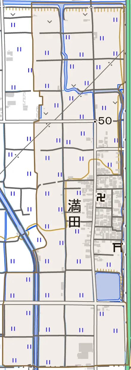 大字満田とその周辺の地図。町の範囲を重ねている