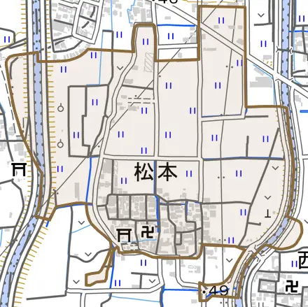 大字松本とその周辺の地図。町の範囲を重ねている