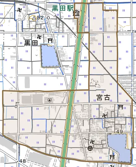 大字宮古とその周辺の地図。町の範囲を重ねている