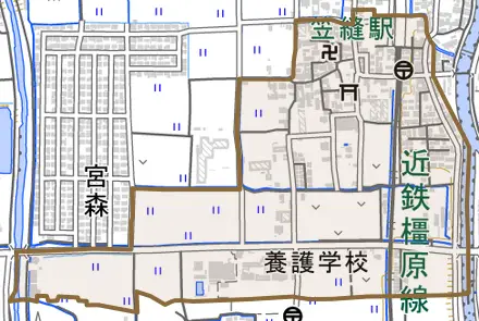 大字宮森とその周辺の地図。町の範囲を重ねている