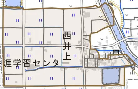 大字西井上とその周辺の地図。町の範囲を重ねている