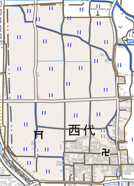 大字西代とその周辺の地図。町の範囲を重ねている