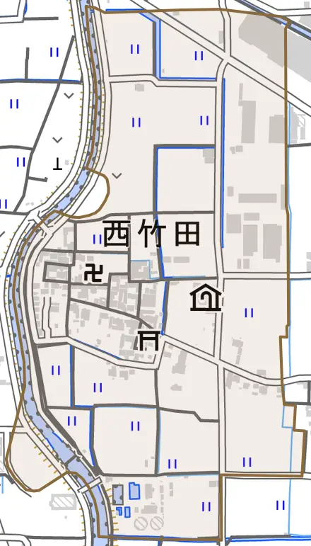 大字西竹田とその周辺の地図。町の範囲を重ねている
