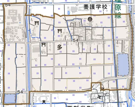 大字多とその周辺の地図。町の範囲を重ねている