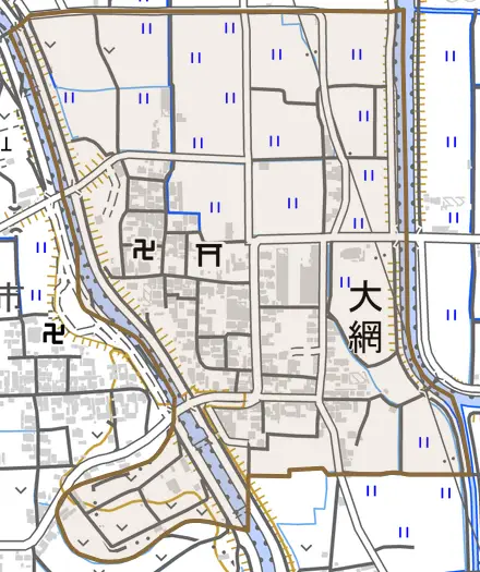大字大網とその周辺の地図。町の範囲を重ねている