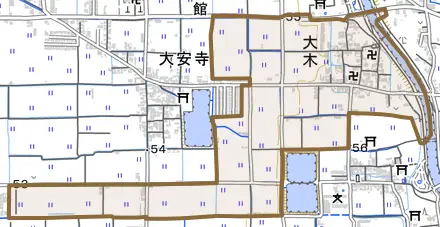 大字大木とその周辺の地図。町の範囲を重ねている