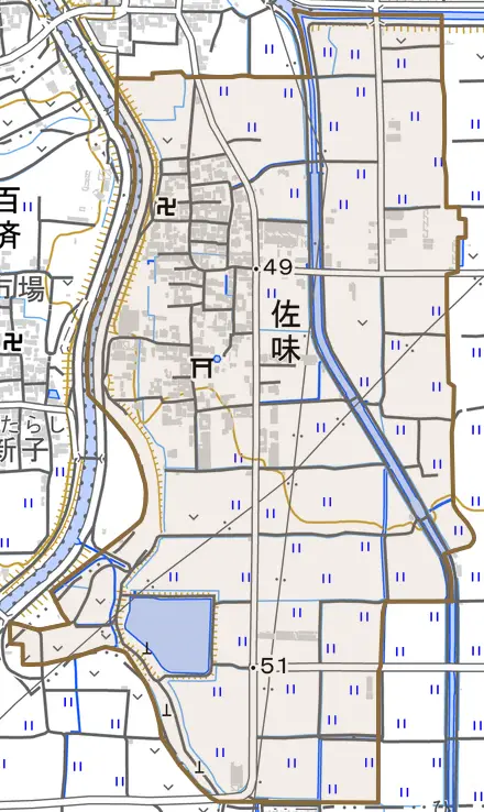 大字佐味とその周辺の地図。町の範囲を重ねている