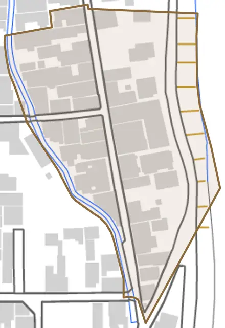 三輪町とその周辺の地図。町の範囲を重ねている