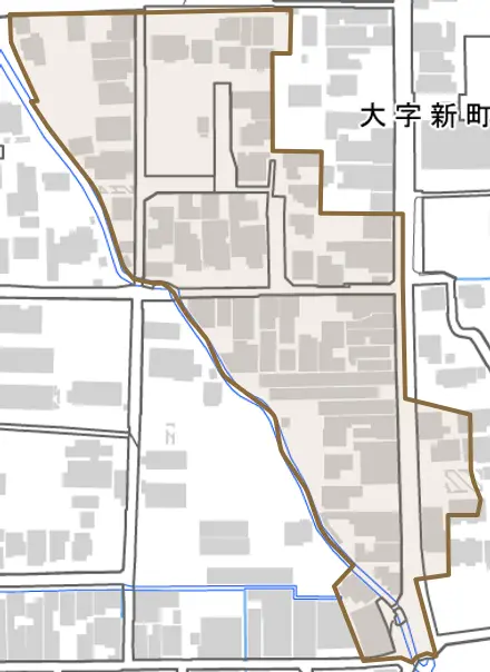 八幡町とその周辺の地図。町の範囲を重ねている