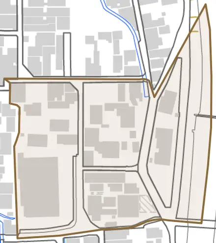 南町とその周辺の地図。町の範囲を重ねている