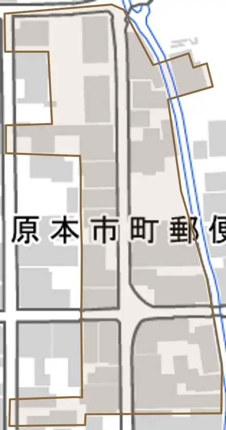 味間町とその周辺の地図。町の範囲を重ねている