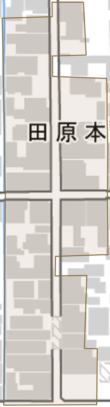 市町とその周辺の地図。町の範囲を重ねている