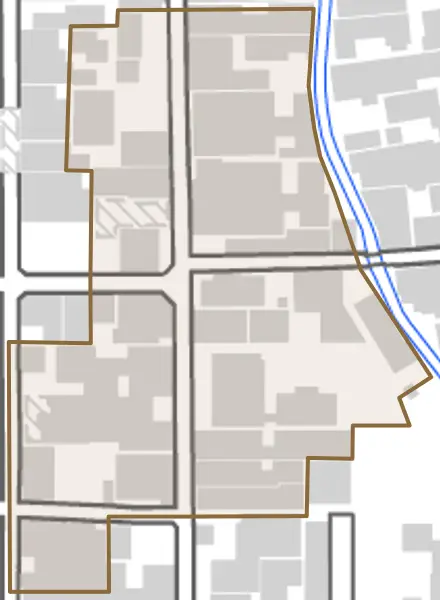 材木町とその周辺の地図。町の範囲を重ねている