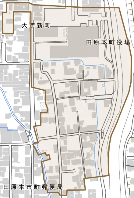 郭内とその周辺の地図。町の範囲を重ねている