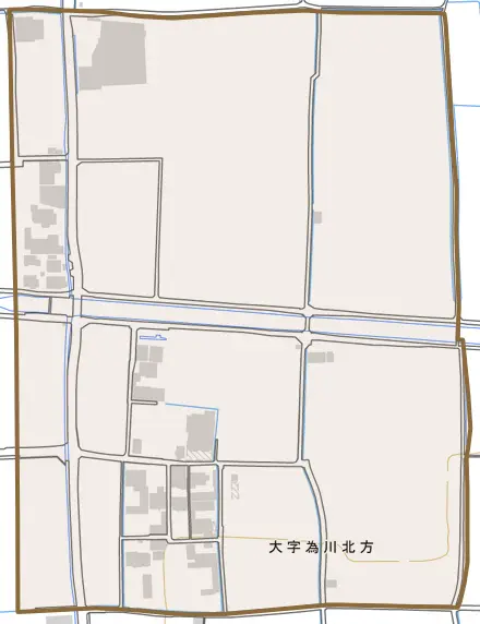 大字為川北方とその周辺の地図。町の範囲を重ねている