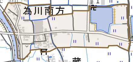大字為川南方とその周辺の地図。町の範囲を重ねている