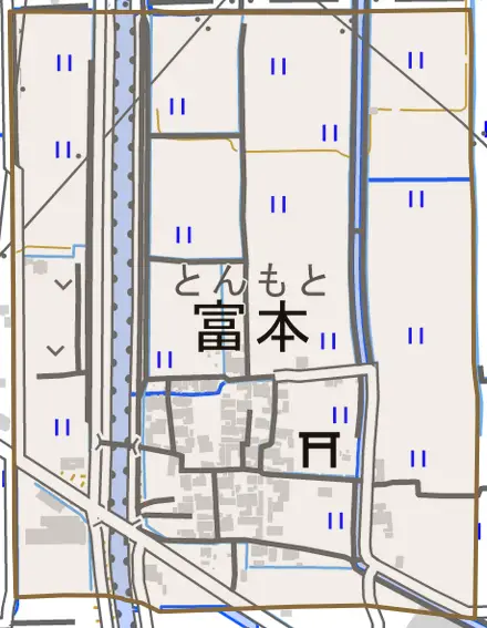 大字富本とその周辺の地図。町の範囲を重ねている