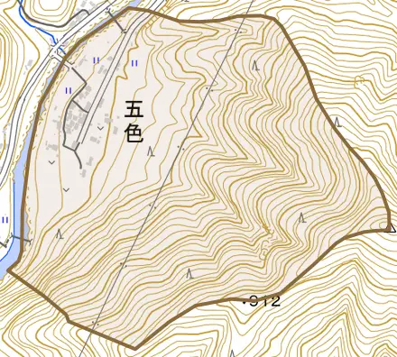大字五色とその周辺の地図。町の範囲を重ねている