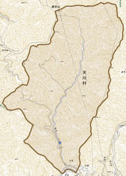 大字川合とその周辺の地図。町の範囲を重ねている