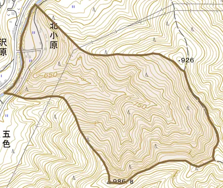 大字北小原とその周辺の地図。町の範囲を重ねている