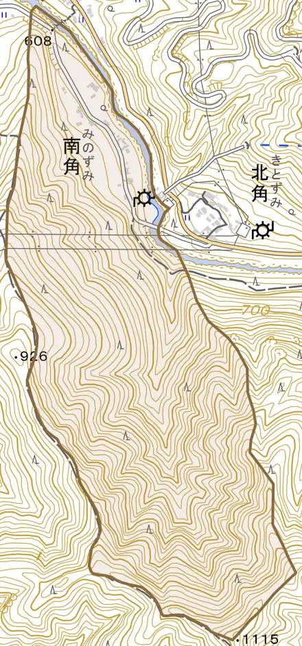 大字南角とその周辺の地図。町の範囲を重ねている