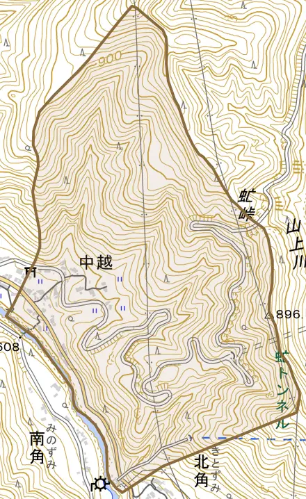 大字中越とその周辺の地図。町の範囲を重ねている