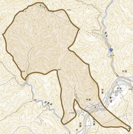 大字中谷とその周辺の地図。町の範囲を重ねている