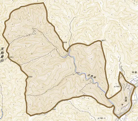 大字沢原とその周辺の地図。町の範囲を重ねている
