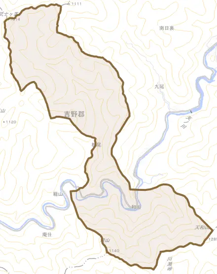 大字和田とその周辺の地図。町の範囲を重ねている