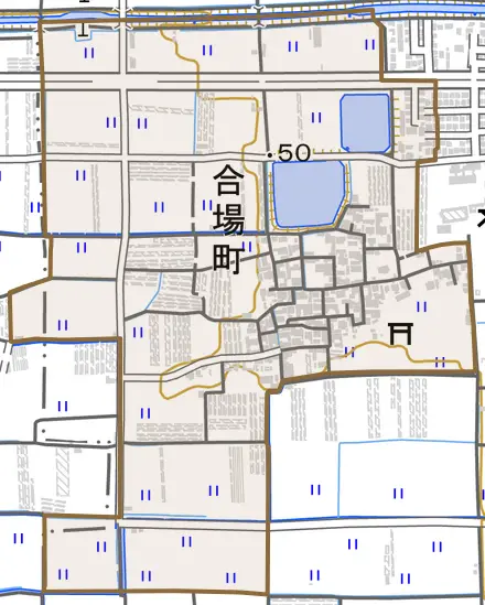 合場町とその周辺の地図。町の範囲を重ねている