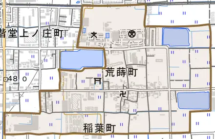 荒蒔町とその周辺の地図。町の範囲を重ねている