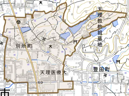 別所町とその周辺の地図。町の範囲を重ねている