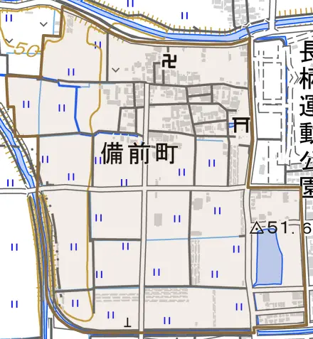 備前町とその周辺の地図。町の範囲を重ねている