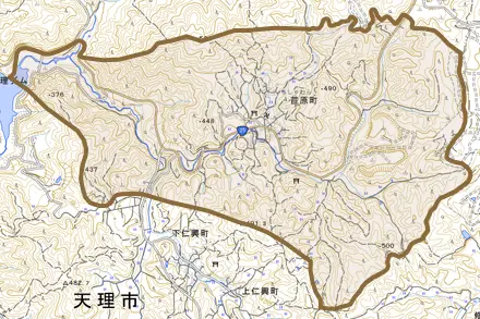 苣原町とその周辺の地図。町の範囲を重ねている
