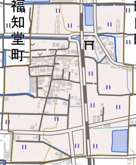 福知堂町とその周辺の地図。町の範囲を重ねている