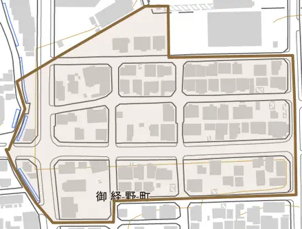 御経野町とその周辺の地図。町の範囲を重ねている