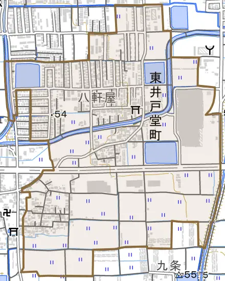 東井戸堂町とその周辺の地図。町の範囲を重ねている