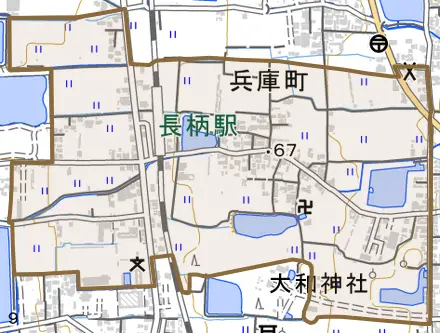 兵庫町とその周辺の地図。町の範囲を重ねている
