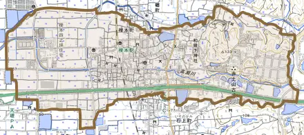 櫟本町とその周辺の地図。町の範囲を重ねている