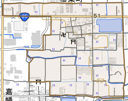 稲葉町とその周辺の地図。町の範囲を重ねている