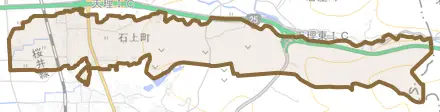 石上町とその周辺の地図。町の範囲を重ねている