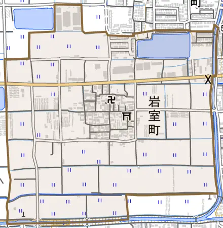 岩室町とその周辺の地図。町の範囲を重ねている