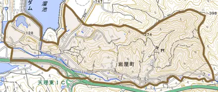 岩屋町とその周辺の地図。町の範囲を重ねている
