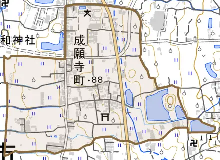 成願寺町とその周辺の地図。町の範囲を重ねている